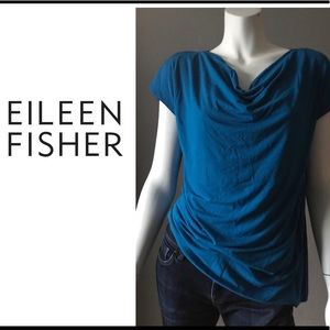 EILEEN FISHER SIZE M ROYAL BLUE DRAPE NECK TOP